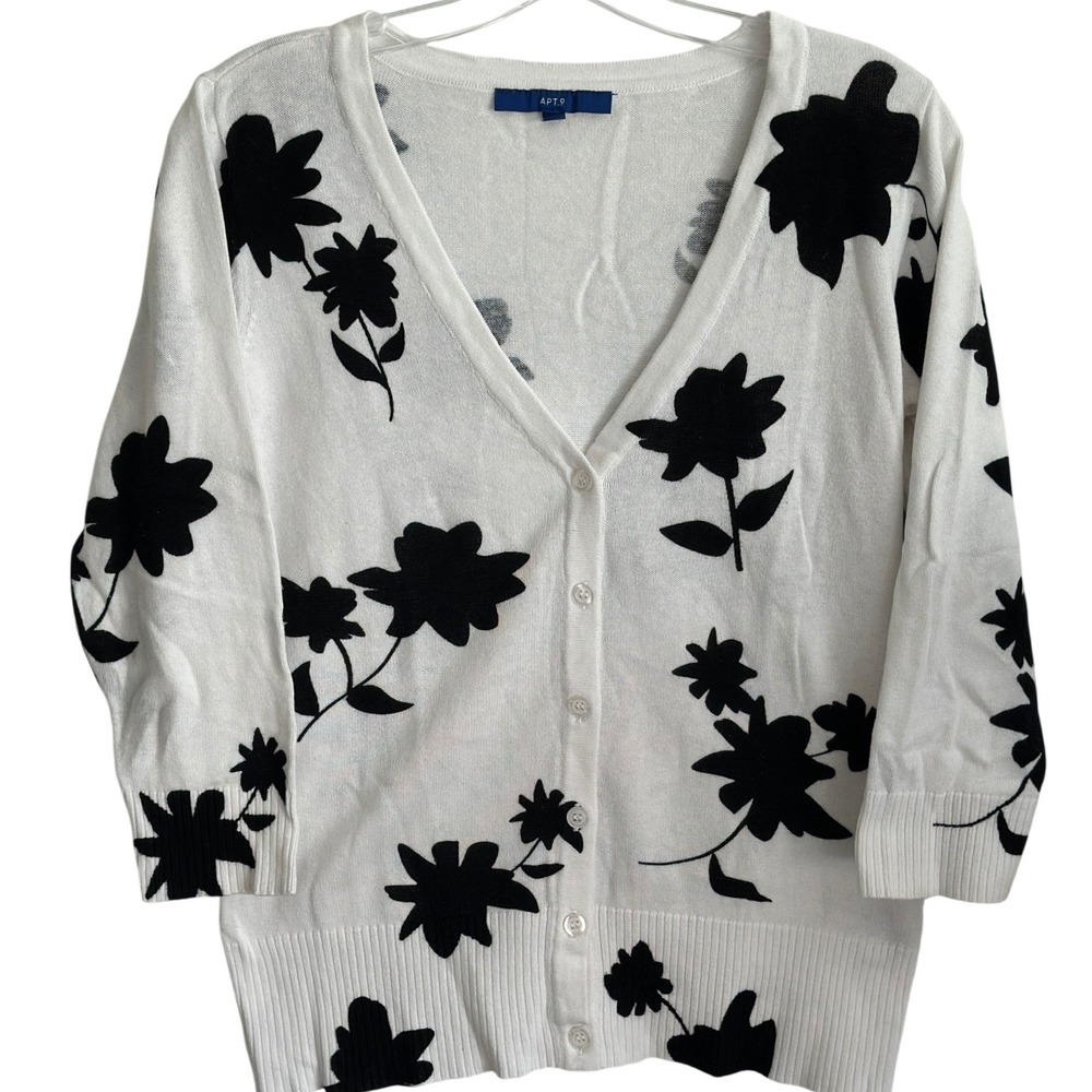Apt 9‎ Women Cardigan Sweater  White Black Floral 3/4 Sleeve Cottagecore S